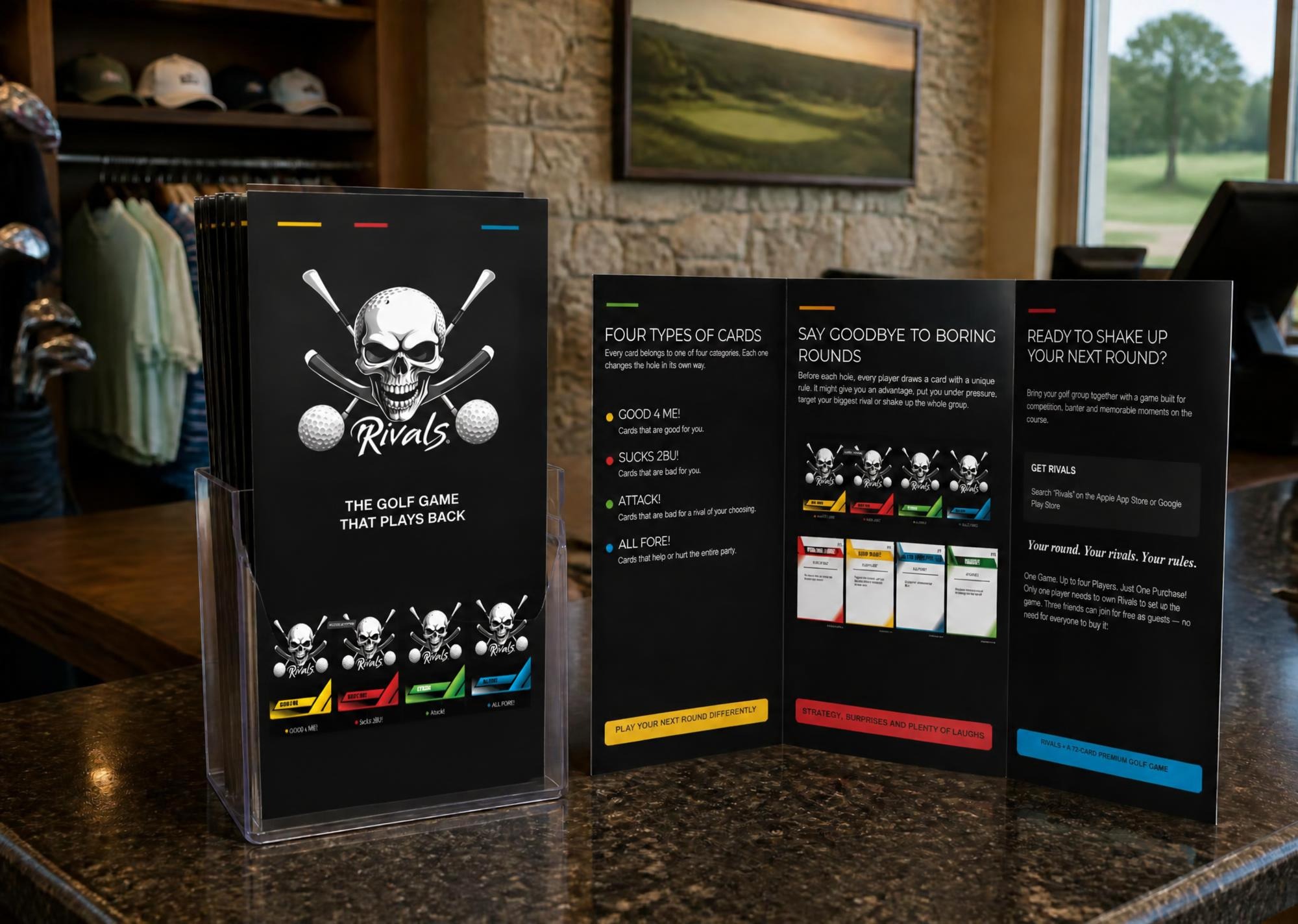 Rivals pamphlet in a golf shop display stand